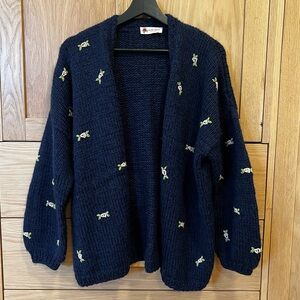 Fanm Mon Winter Bloom Pink Rose Wool Cardigan Navy Blue Size Small Spring Floral